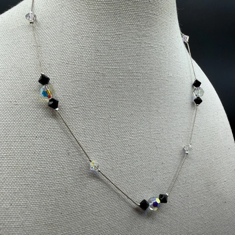 Black Clear AB Crystal Beaded Silver Tone Necklace Minimalist Y2K Sparkle Gift